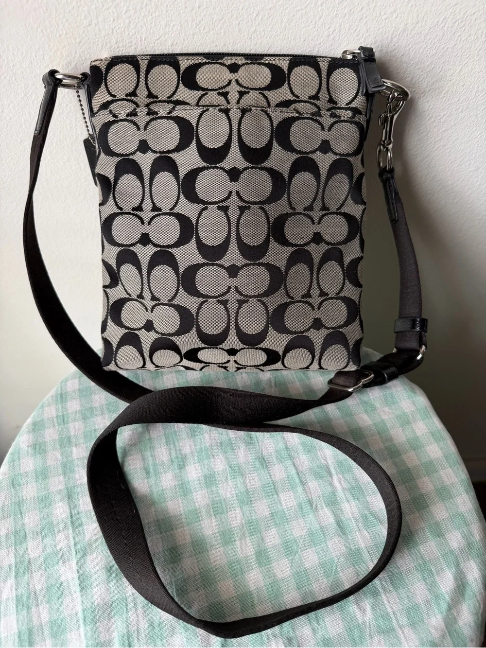 Coach Signature Stripe Black and Gray Monogram Crossbody Bag